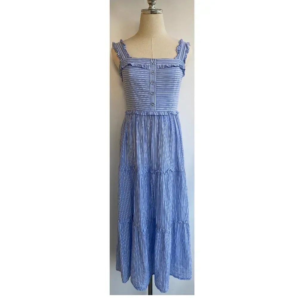 Gal Meets Glam Collection Courtney Rio Striped Ruffled Tiered Blue Maxi Dress 2 - Picture 2 of 11